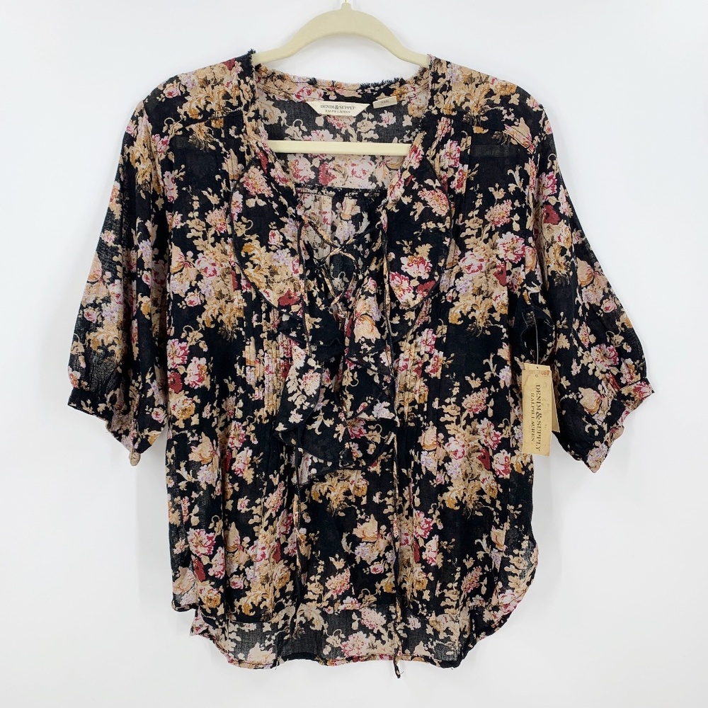 Denim & Supply Black Floral Cotton Lace-Up Ruffled Peasant Blouse Sz XS